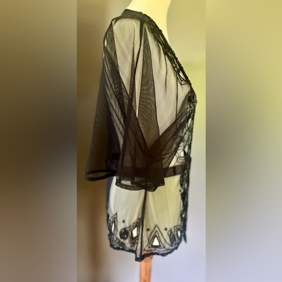 Vintage 90s Black Beaded Mesh Art Nouveau Top Ribbon Bow Glam Goth Victorian - Picture 5 of 10